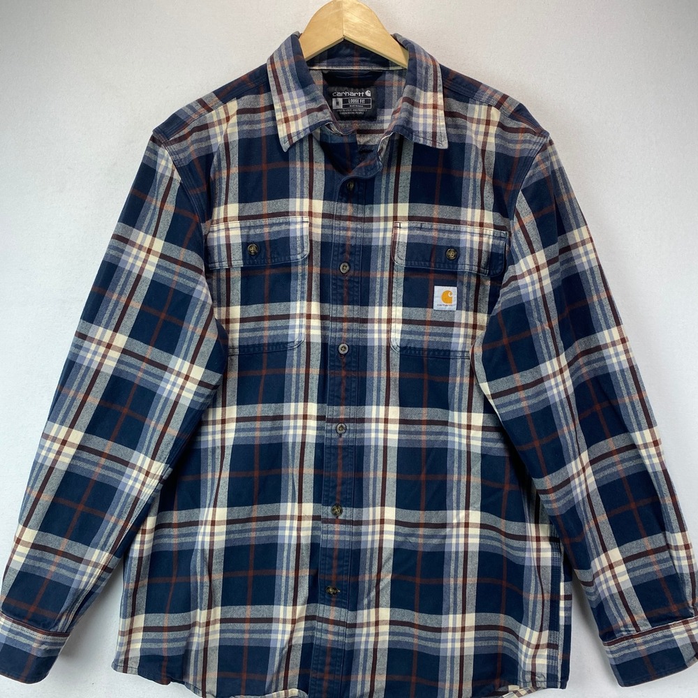 Carhartt Loose Fit Plaid Flannel Button Down Mens Size M Blue Cotton 105078 126